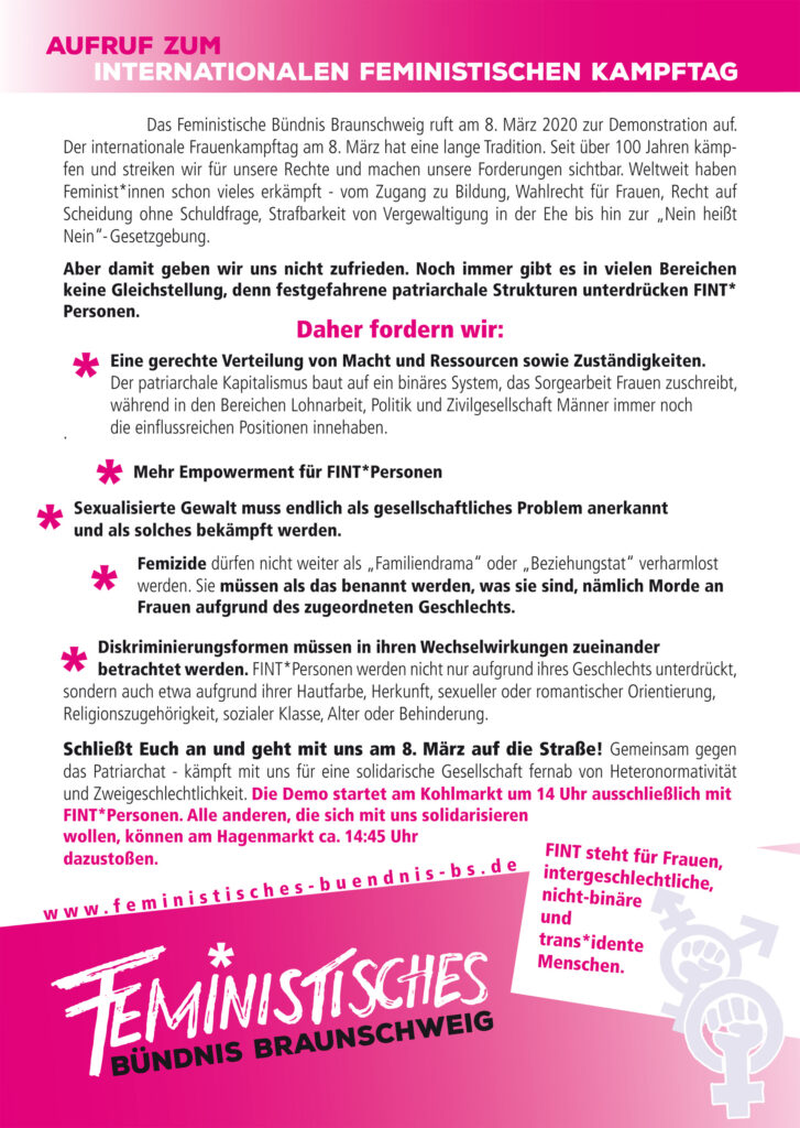 Aufruf des Feministischen Bündnis Braunschweig zur Demonstration am 08. März