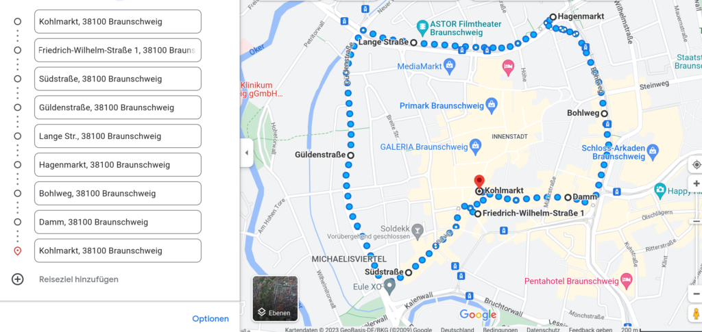 Screenshot von Google Maps mit unserer Demoroute 2023. Wir starten am Kohlmarkt, weitere Routenpunkte sind Friedrich-Wilhelm-Straße 2-1, Südstraße, Güldenstraße, Lange Straße, Hagenmarkt, Bohlweg, Damm, Kohlmarkt.